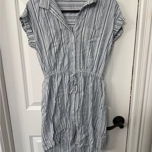 Striped Button-Front Tie-Waist Shirt Dress - Light Blue & White